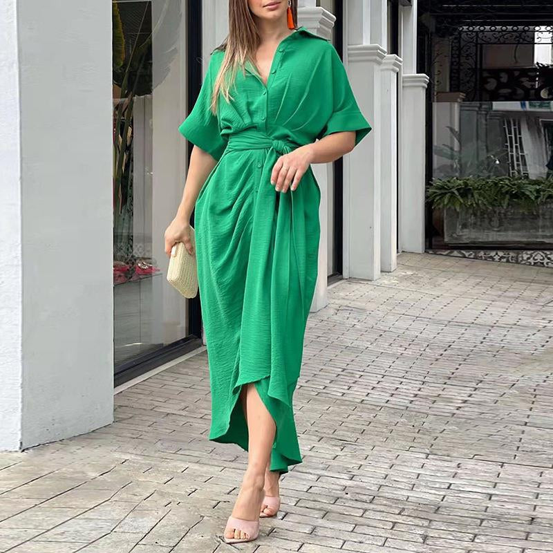 Elegant Dress | Button-Up | Tie Waist | Maxi Dress | Short Sleeve Dress-Fashion Nora