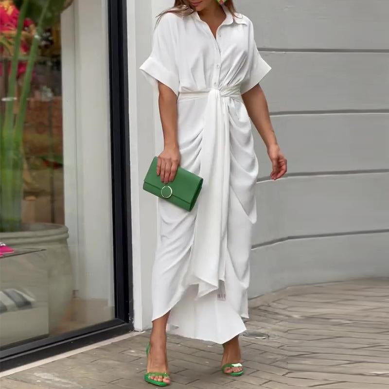 Elegant Dress | Button-Up | Tie Waist | Maxi Dress | Short Sleeve Dress-Fashion Nora