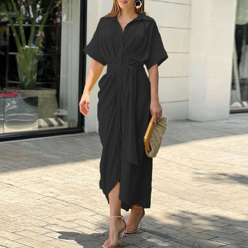 Elegant Dress | Button-Up | Tie Waist | Maxi Dress | Short Sleeve Dress-Fashion Nora