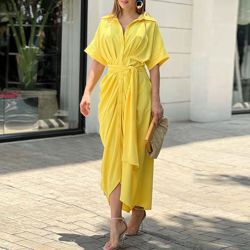 Elegant Dress | Button-Up | Tie Waist | Maxi Dress | Short Sleeve Dress-Fashion Nora