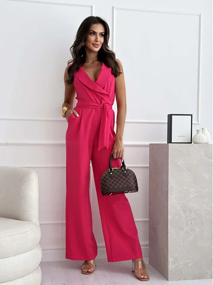 Elegant Jumpsuit - Sleeveless - V-Neck - Wide Leg Jumpsuit - Women's Clothing-Fashion Nora