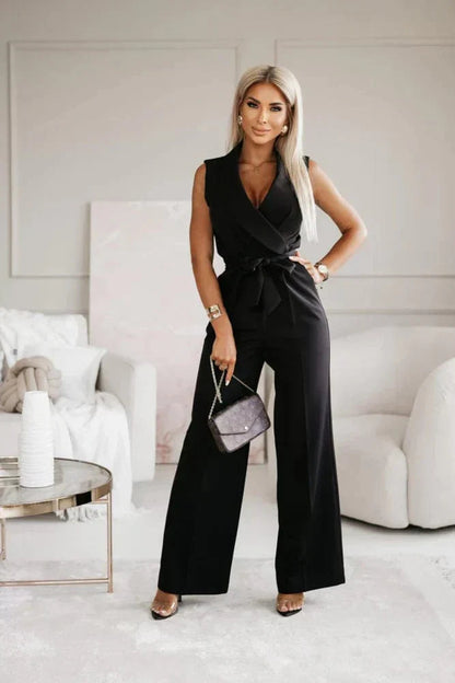 Elegant Jumpsuit - Sleeveless - V-Neck - Wide Leg Jumpsuit - Women's Clothing-Fashion Nora