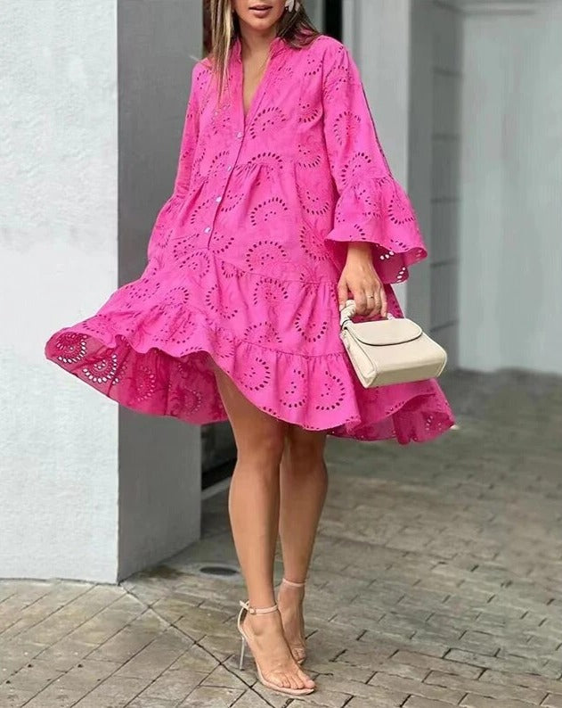 Eyelet Dress | Loose Fit | Long Sleeve | Short Dress | Summer Dress-Fashion Nora