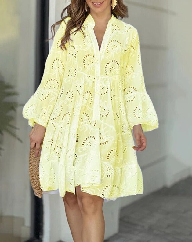 Eyelet Dress | Loose Fit | Long Sleeve | Short Dress | Summer Dress-Fashion Nora