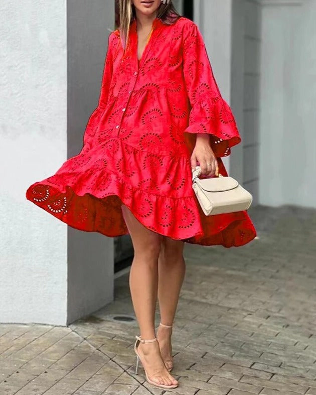Eyelet Dress | Loose Fit | Long Sleeve | Short Dress | Summer Dress-Fashion Nora