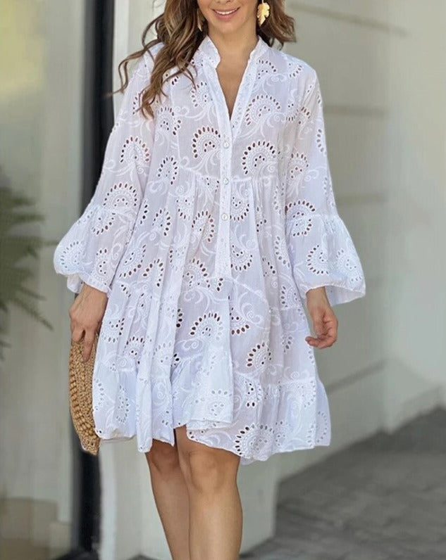 Eyelet Dress | Loose Fit | Long Sleeve | Short Dress | Summer Dress-Fashion Nora