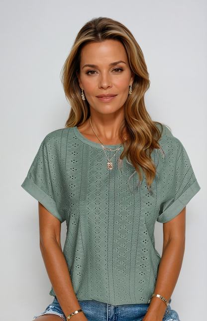 Eyelet Top - Loose Fit - Crew Neck - Short Sleeve Top - Women's Clothing-Fashion Nora