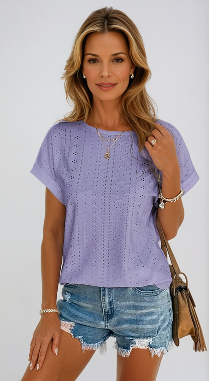 Eyelet Top - Loose Fit - Crew Neck - Short Sleeve Top - Women's Clothing-Fashion Nora
