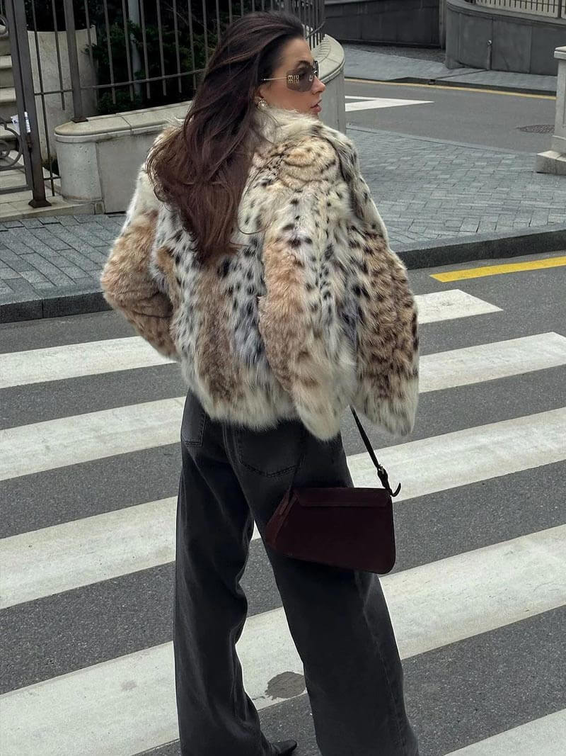 Faux Fur Jacket - Women's Fluffy Leopard Fake Fur Winter Jacket-Fashion Nora