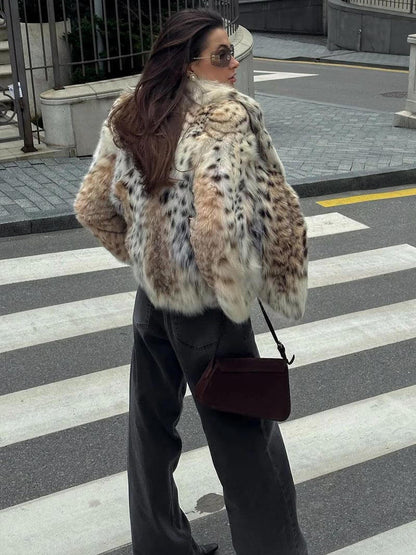 Faux Fur Jacket - Women's Fluffy Leopard Fake Fur Winter Jacket-Fashion Nora