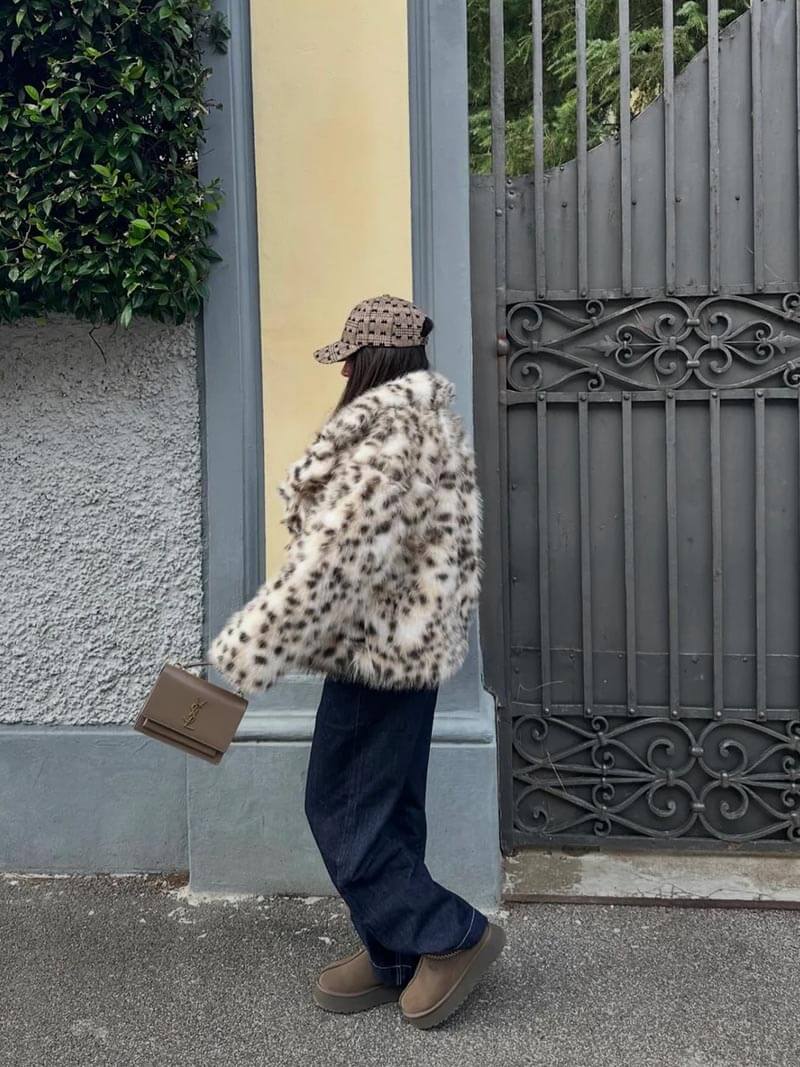 Faux Fur Jacket - Women's Fluffy Leopard Fake Fur Winter Jacket-Fashion Nora