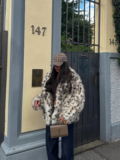 Faux Fur Jacket - Women's Fluffy Leopard Fake Fur Winter Jacket-Fashion Nora