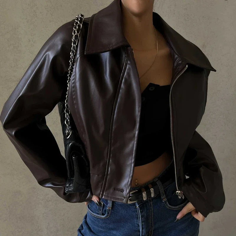 Faux Leather Jacket | Brown | Cropped | Vegan Leather Jacket | Women's Jacket-Fashion Nora