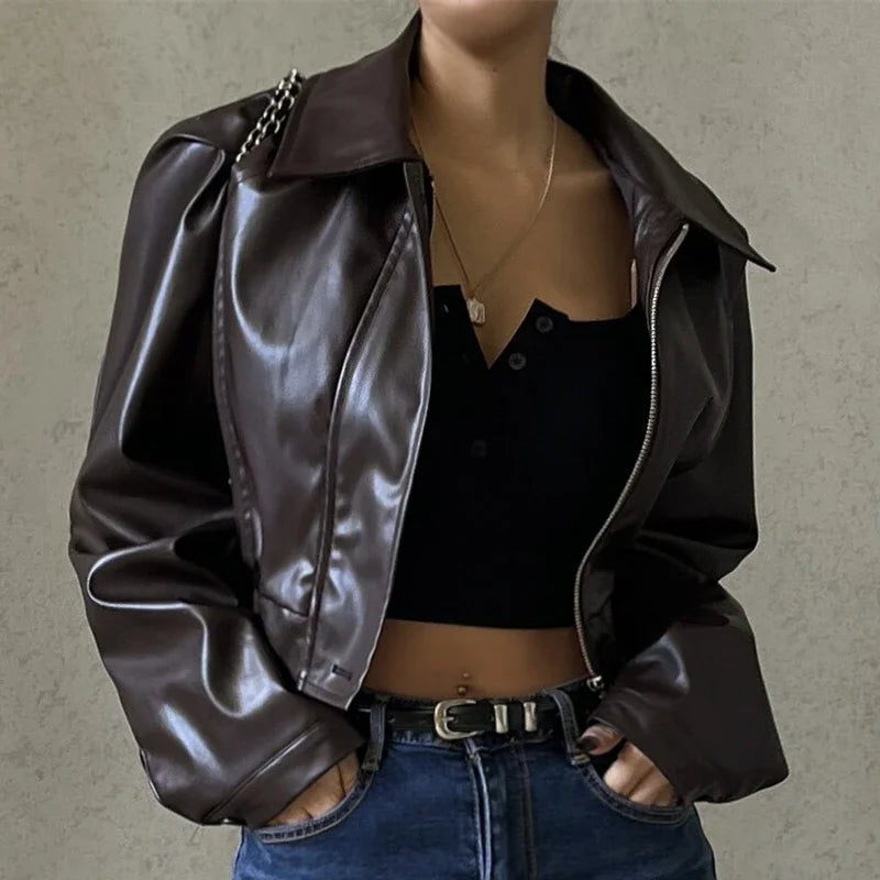 Faux Leather Jacket | Brown | Cropped | Vegan Leather Jacket | Women's Jacket-Fashion Nora