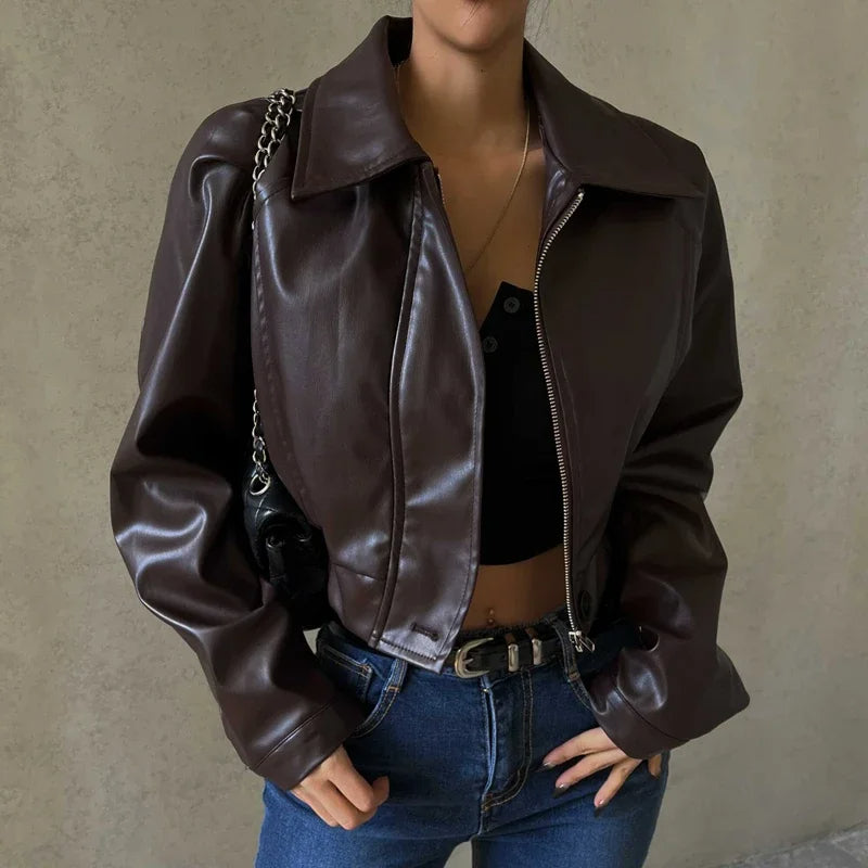 Faux Leather Jacket | Brown | Cropped | Vegan Leather Jacket | Women's Jacket-Fashion Nora