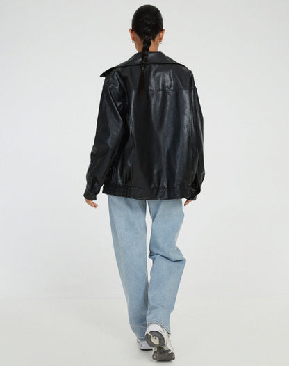 Faux Leather Jacket | Oversized | Zip-Up | Leather Bomber Jacket | Leatherette Jacket Women's-Fashion Nora