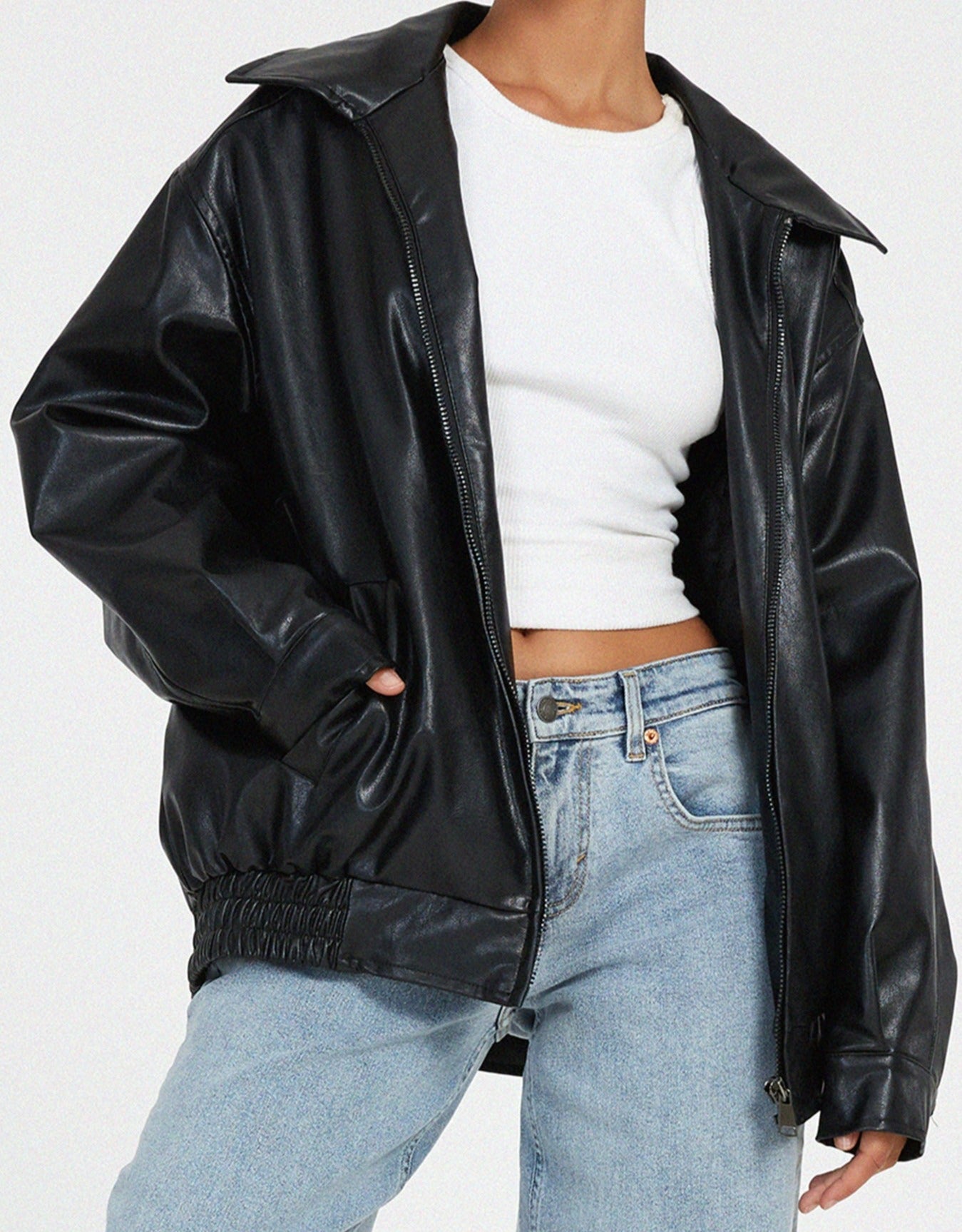 Faux Leather Jacket | Oversized | Zip-Up | Leather Bomber Jacket | Leatherette Jacket Women's-Fashion Nora