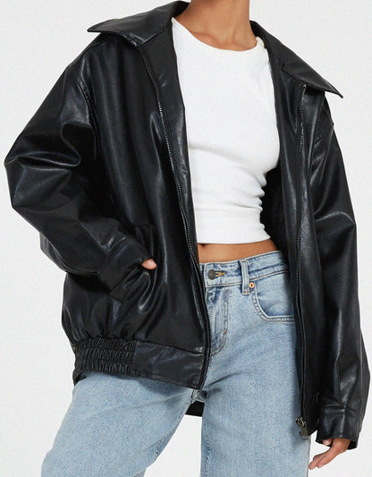 Faux Leather Jacket | Oversized | Zip-Up | Leather Bomber Jacket | Leatherette Jacket Women's-Fashion Nora