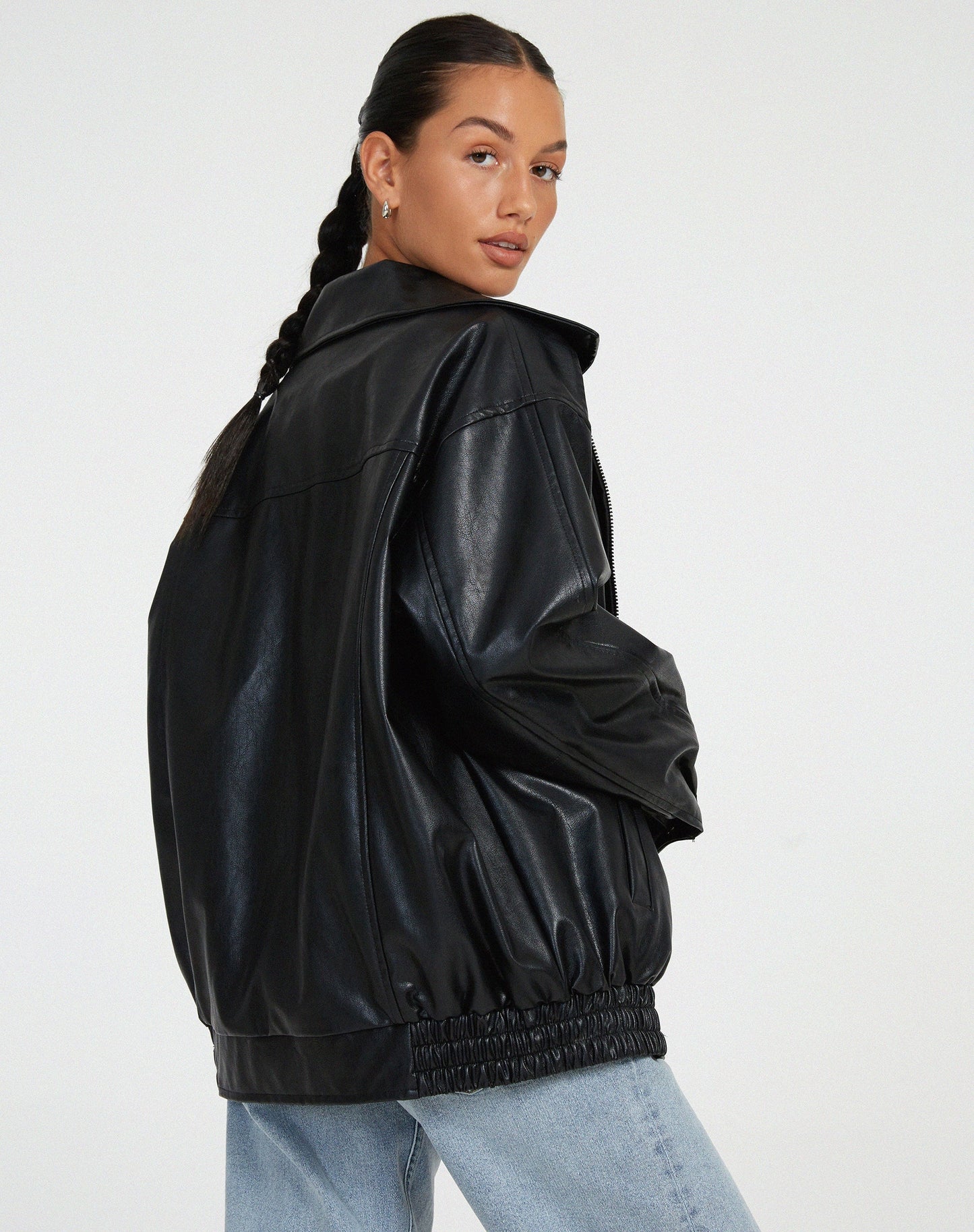 Faux Leather Jacket | Oversized | Zip-Up | Leather Bomber Jacket | Leatherette Jacket Women's-Fashion Nora