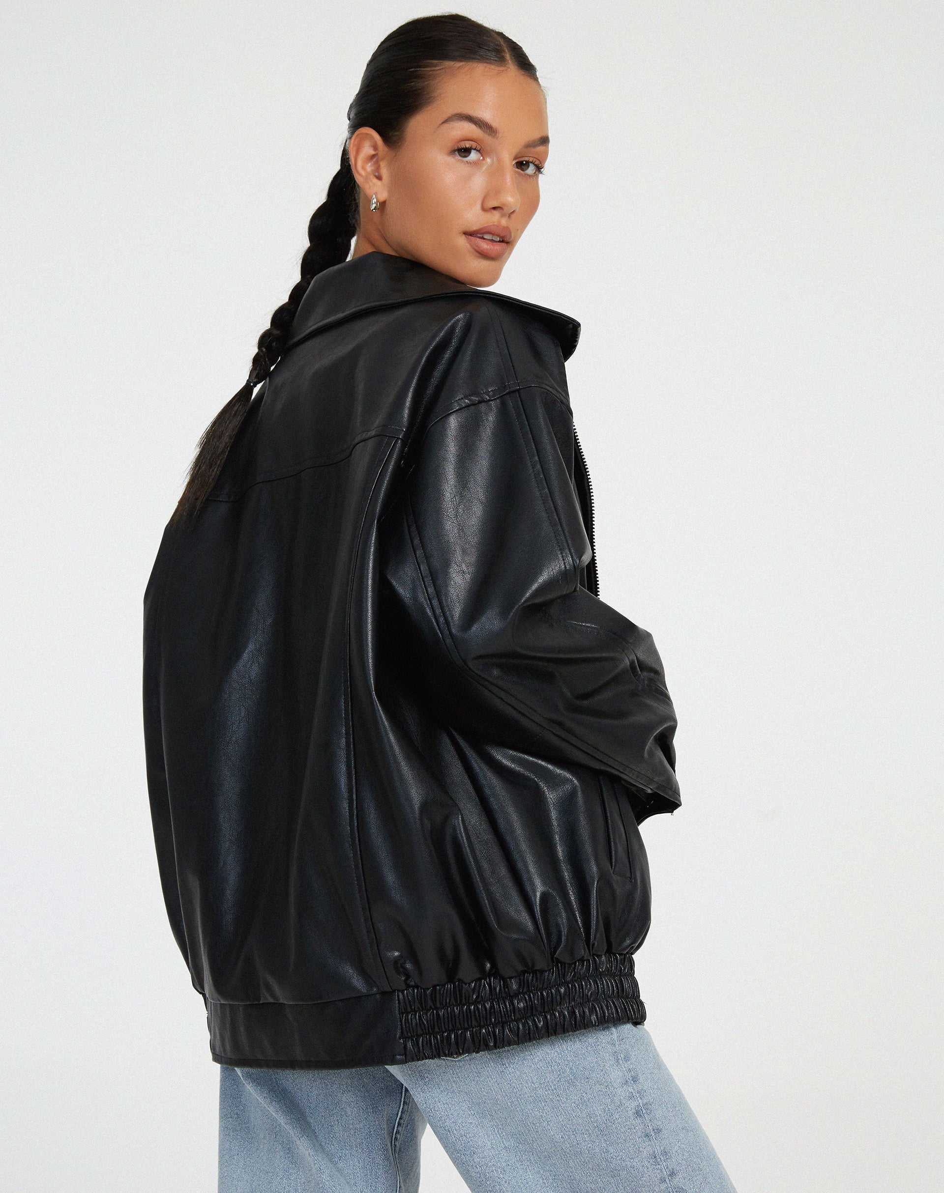 Faux Leather Jacket | Oversized | Zip-Up | Leather Bomber Jacket | Leatherette Jacket Women's-Fashion Nora
