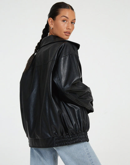 Faux Leather Jacket | Oversized | Zip-Up | Leather Bomber Jacket | Leatherette Jacket Women's-Fashion Nora