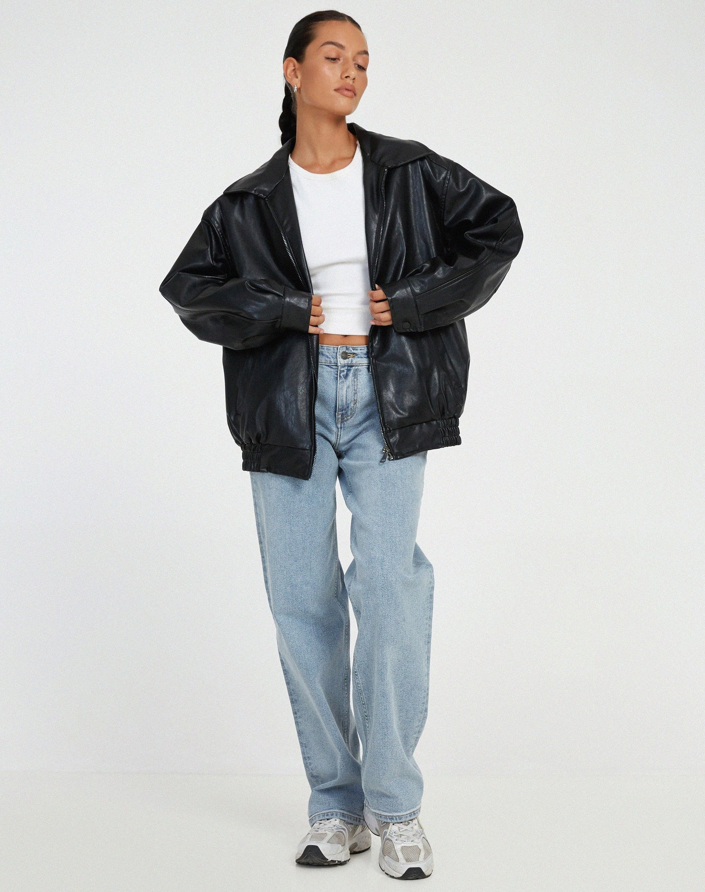 Faux Leather Jacket | Oversized | Zip-Up | Leather Bomber Jacket | Leatherette Jacket Women's-Fashion Nora