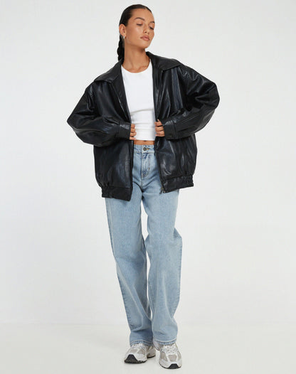 Faux Leather Jacket | Oversized | Zip-Up | Leather Bomber Jacket | Leatherette Jacket Women's-Fashion Nora