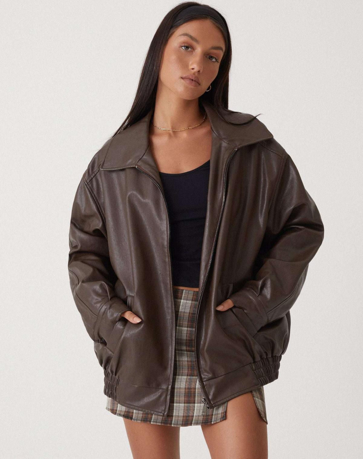 Faux Leather Jacket | Oversized | Zip-Up | Leather Bomber Jacket | Leatherette Jacket Women's-Fashion Nora
