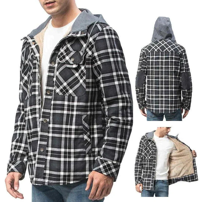 Flannel Jacket - Men's Plaid Fleece Lined Hooded Winter Jacket-Fashion Nora