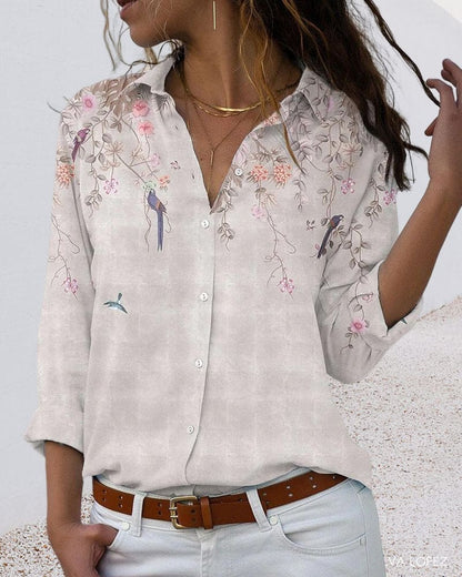 Floral Blouse - Long Sleeve - Collared - Button-Up Shirt - Women's Shirt-Fashion Nora