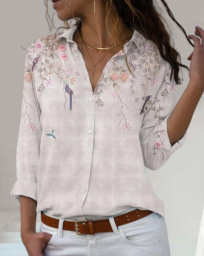 Floral Blouse - Long Sleeve - Collared - Button-Up Shirt - Women's Shirt-Fashion Nora