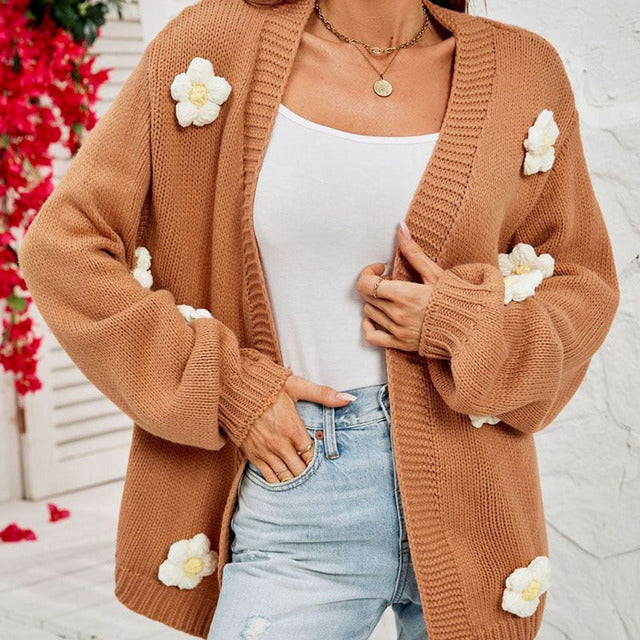 Floral Cardigan - Oversized - Open Front - Knit Cardigan - Women's Cardigan-Fashion Nora