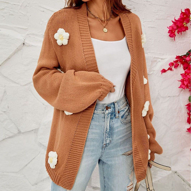 Floral Cardigan - Oversized - Open Front - Knit Cardigan - Women's Cardigan-Fashion Nora