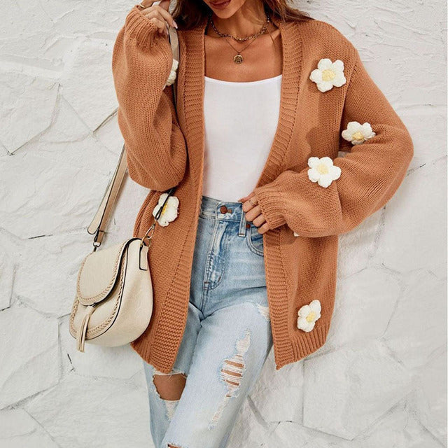 Floral Cardigan - Oversized - Open Front - Knit Cardigan - Women's Cardigan-Fashion Nora