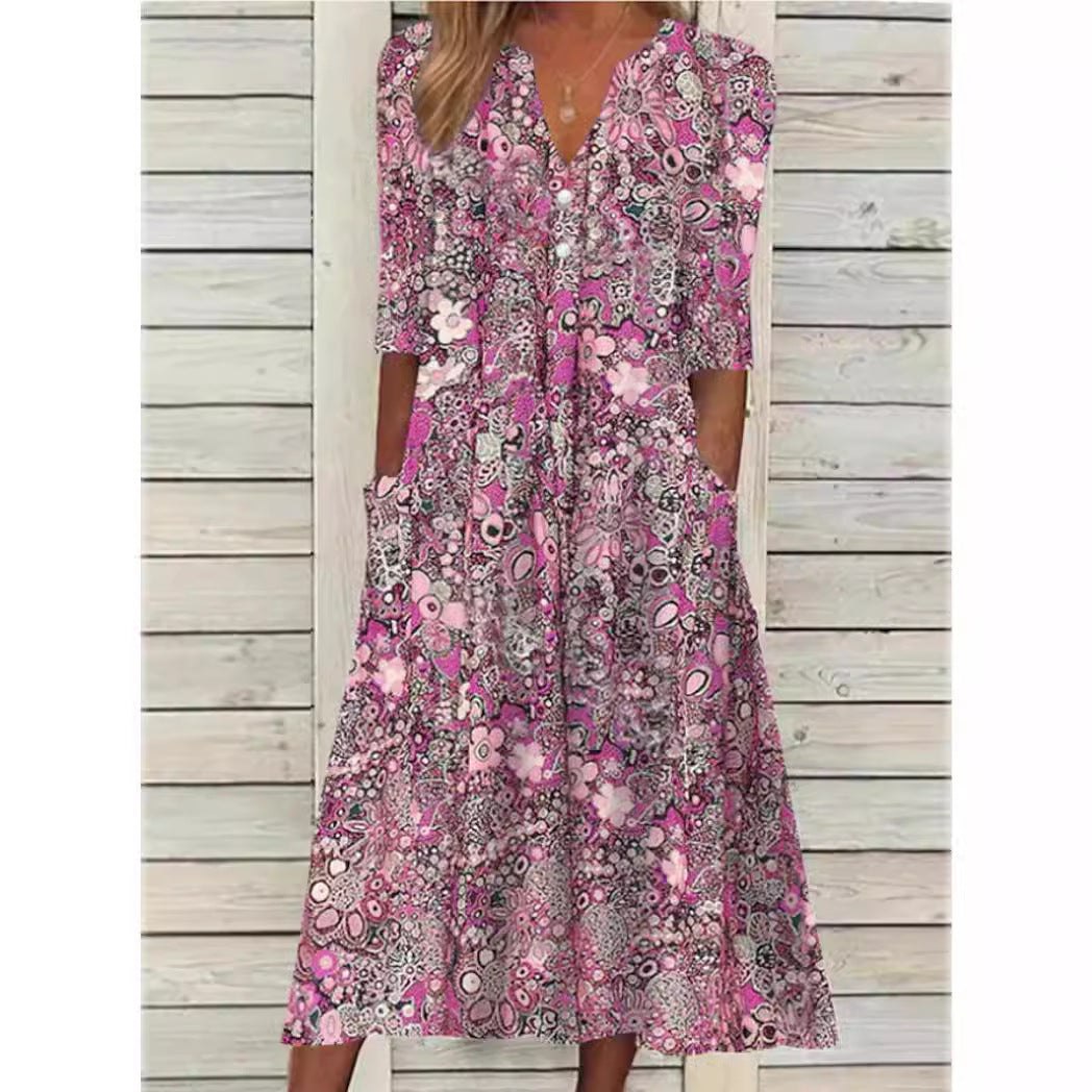 Floral Dress - Long Sleeve - Loose Fit - Maxi Dress - Casual Dresses-Fashion Nora