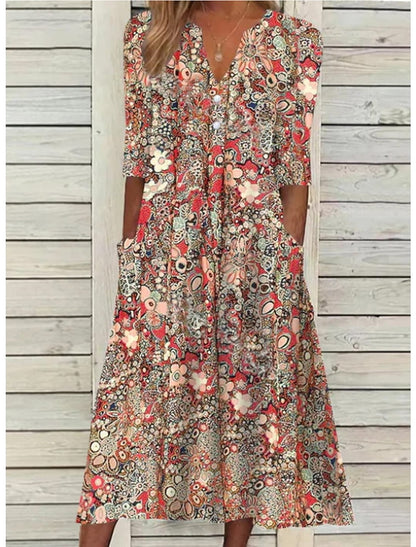 Floral Dress - Long Sleeve - Loose Fit - Maxi Dress - Casual Dresses-Fashion Nora