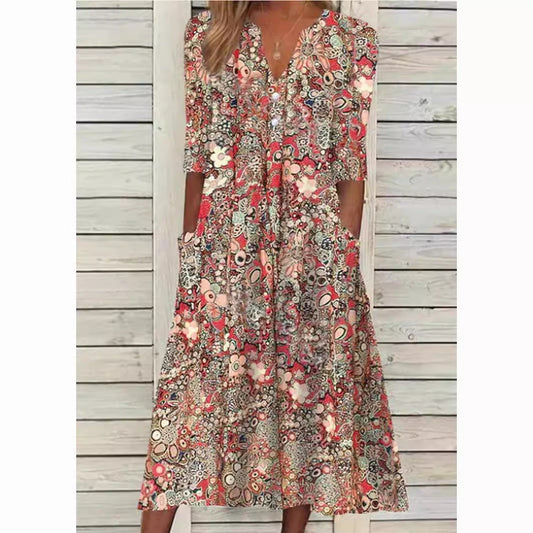 Floral Dress - Long Sleeve - Loose Fit - Maxi Dress - Casual Dresses-Fashion Nora