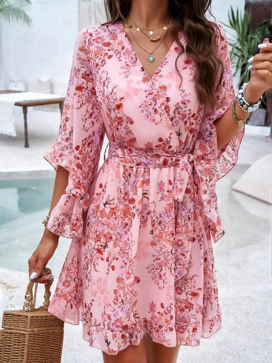 Floral Dress | Long Sleeve | Tie Waist | Flowy Dress | Mini Dress-Fashion Nora