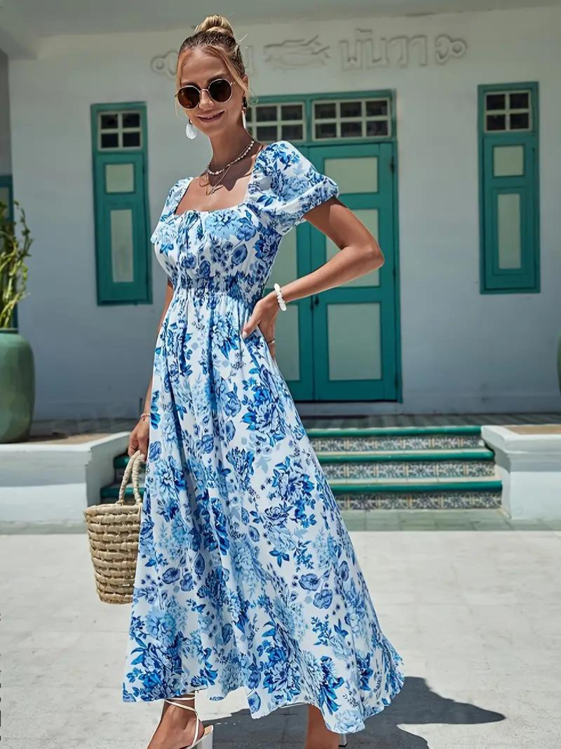 Floral Dress - Shirred Waist - Puff Sleeve - Maxi Dress - Summer Dress-Fashion Nora