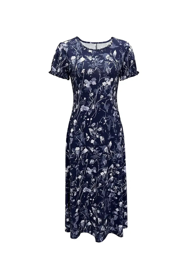 Floral Dress, Short sleeve, Crew Neck, Long Dress, Summer Dress-Fashion Nora