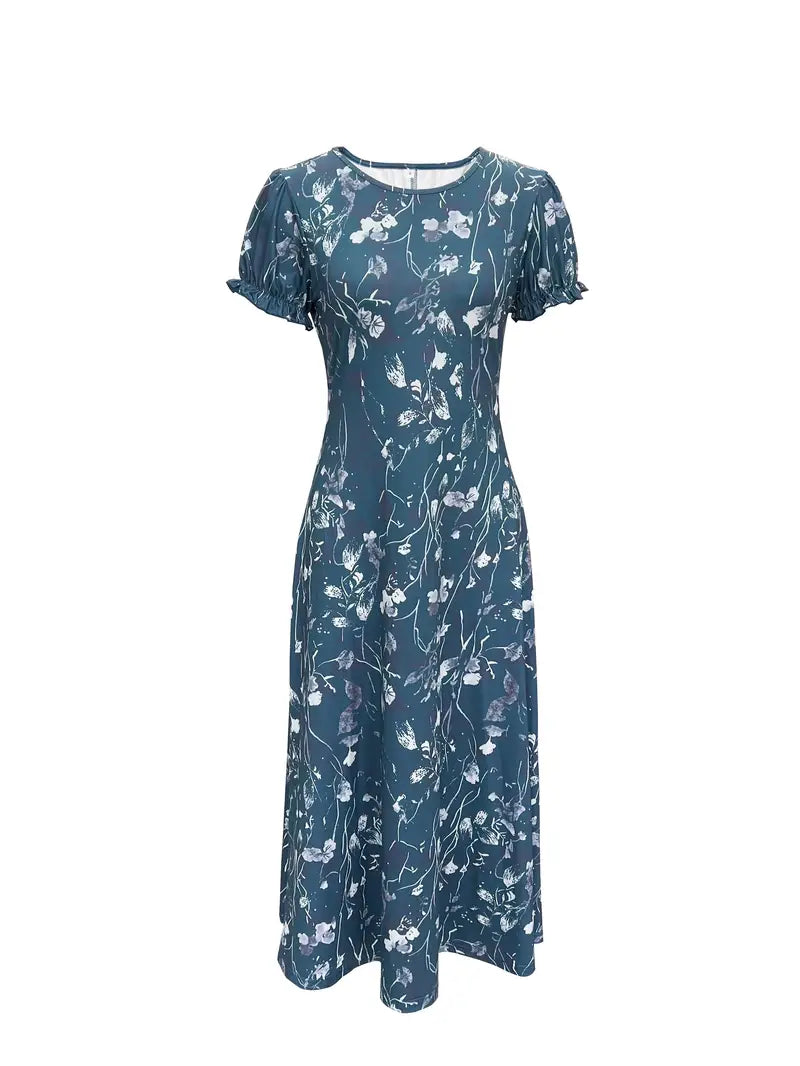 Floral Dress, Short sleeve, Crew Neck, Long Dress, Summer Dress-Fashion Nora