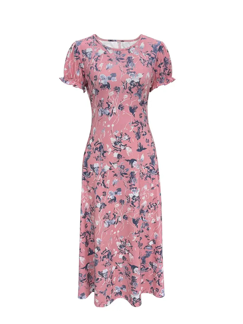 Floral Dress, Short sleeve, Crew Neck, Long Dress, Summer Dress-Fashion Nora