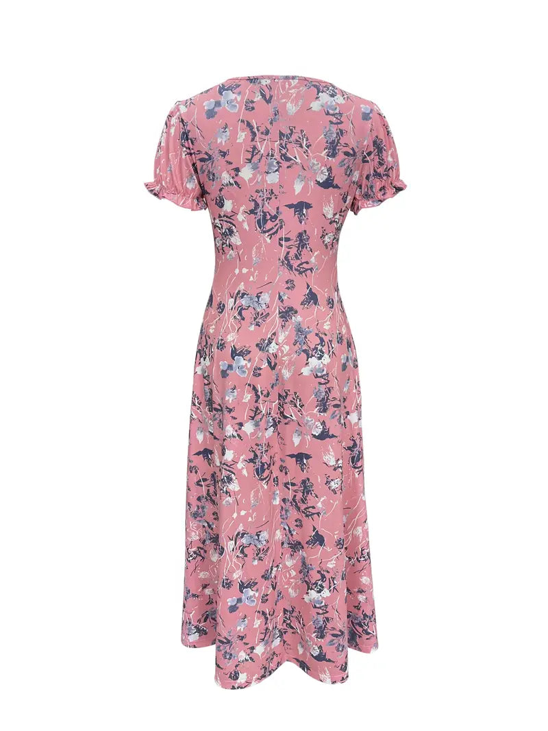 Floral Dress, Short sleeve, Crew Neck, Long Dress, Summer Dress-Fashion Nora