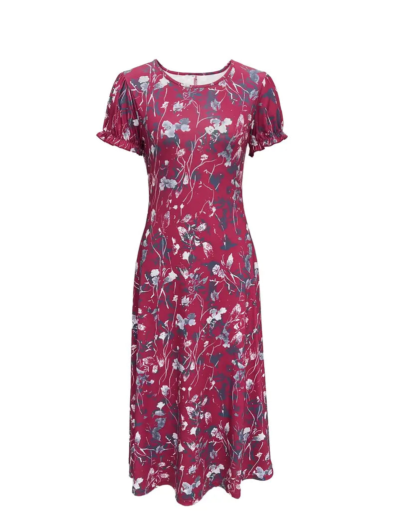 Floral Dress, Short sleeve, Crew Neck, Long Dress, Summer Dress-Fashion Nora