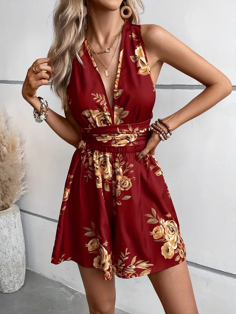 Floral Playsuit, V Neck, Backless, Party Jumpsuit, Summer Jumpsuit-Fashion Nora