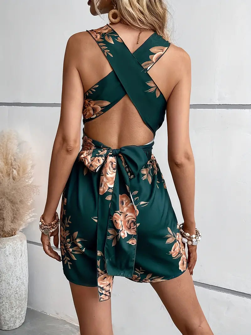 Floral Playsuit, V Neck, Backless, Party Jumpsuit, Summer Jumpsuit-Fashion Nora