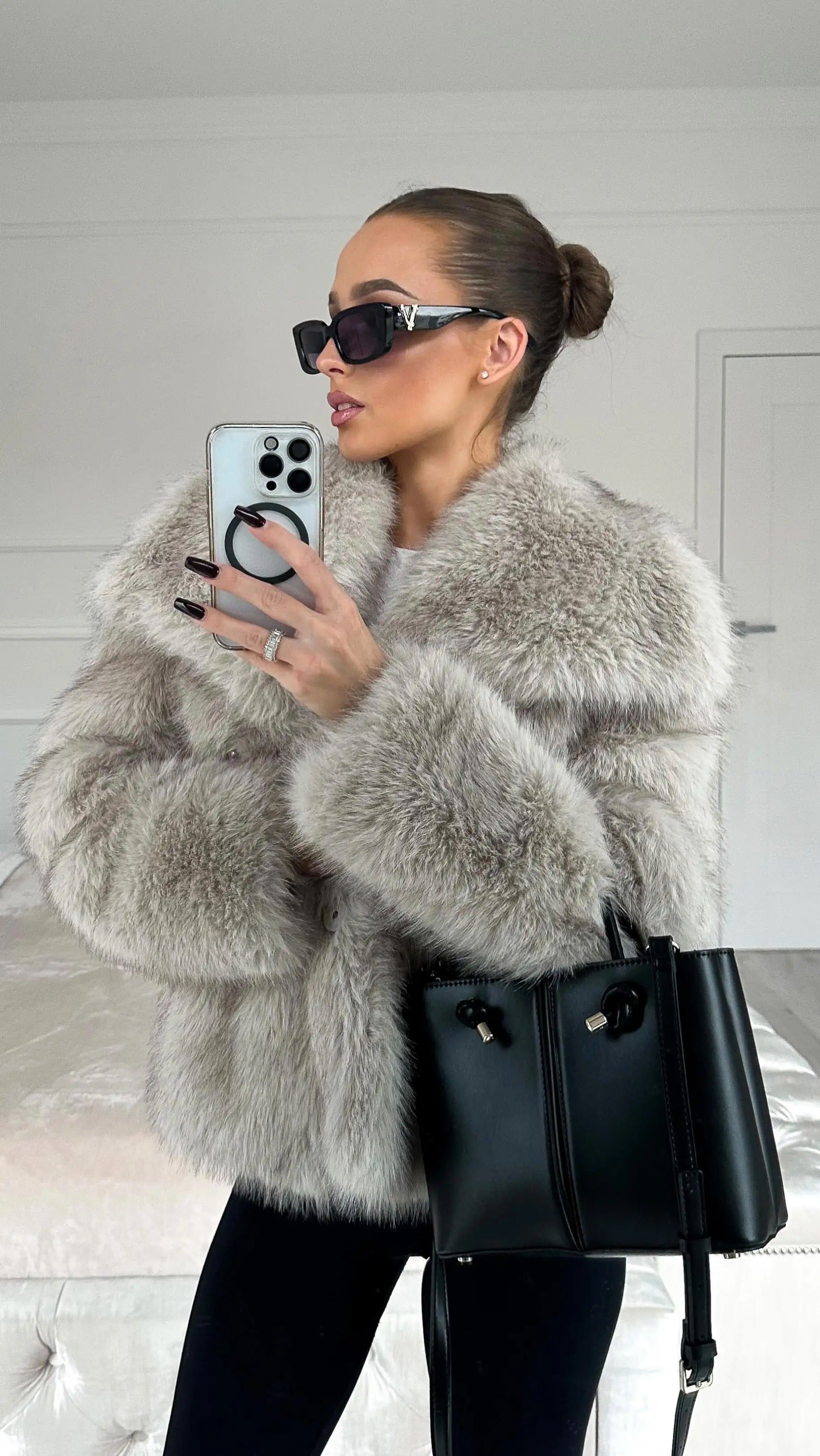 DIANTE /PREMIUM ECO FUR JACKET(グレー ZYTECO Women Sided Faux Fur Jacket Winter Warm Fluffy Faux