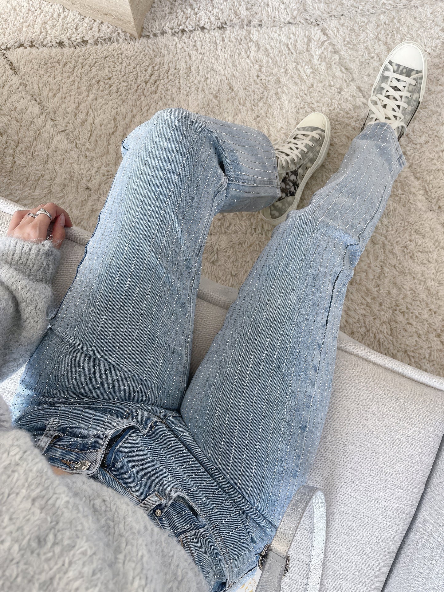 Glitter Jeans - Women's High Waisted Light Blue Straight Leg Jeans-Fashion Nora