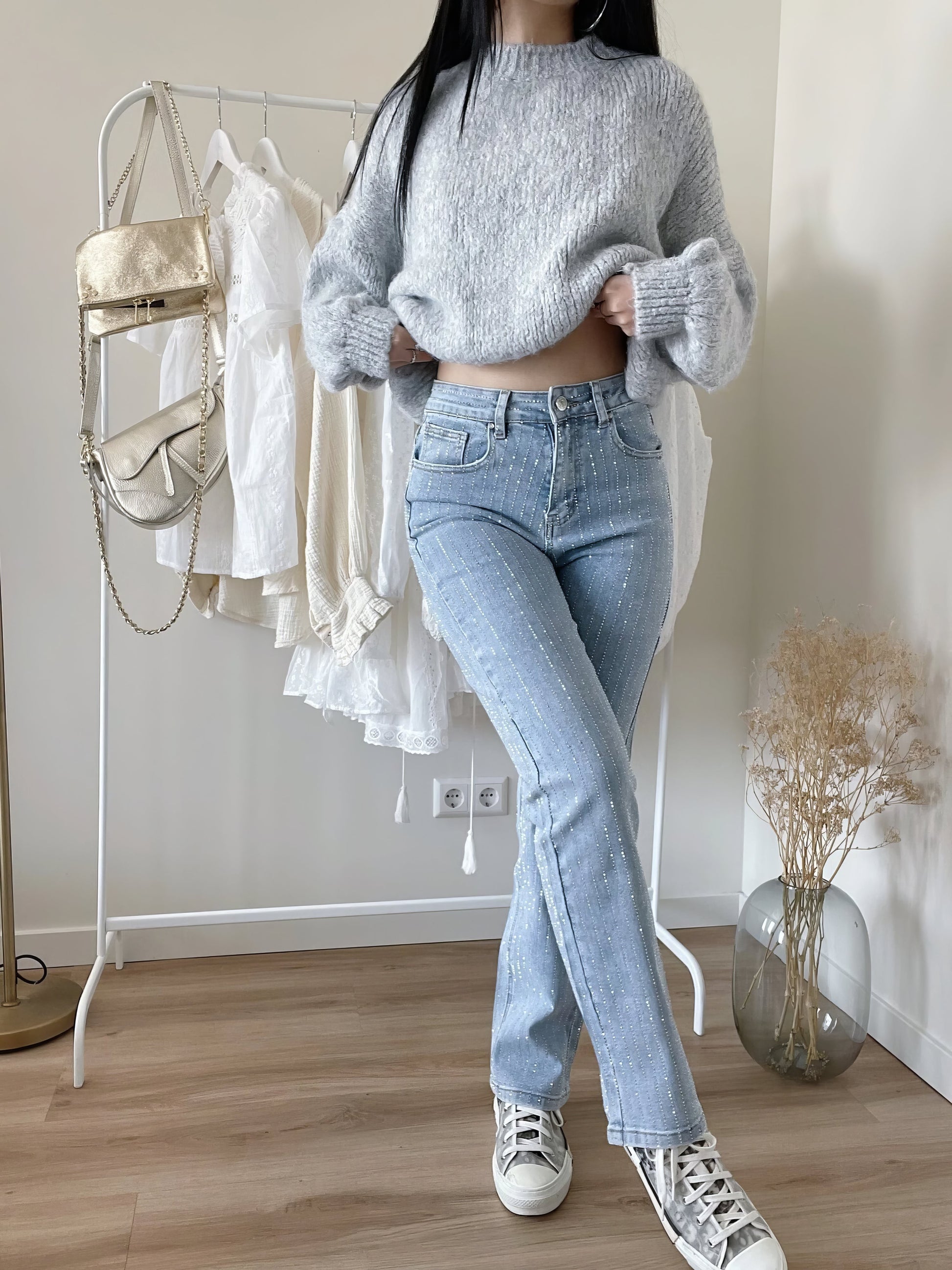 Glitter Jeans - Women's High Waisted Light Blue Straight Leg Jeans-Fashion Nora