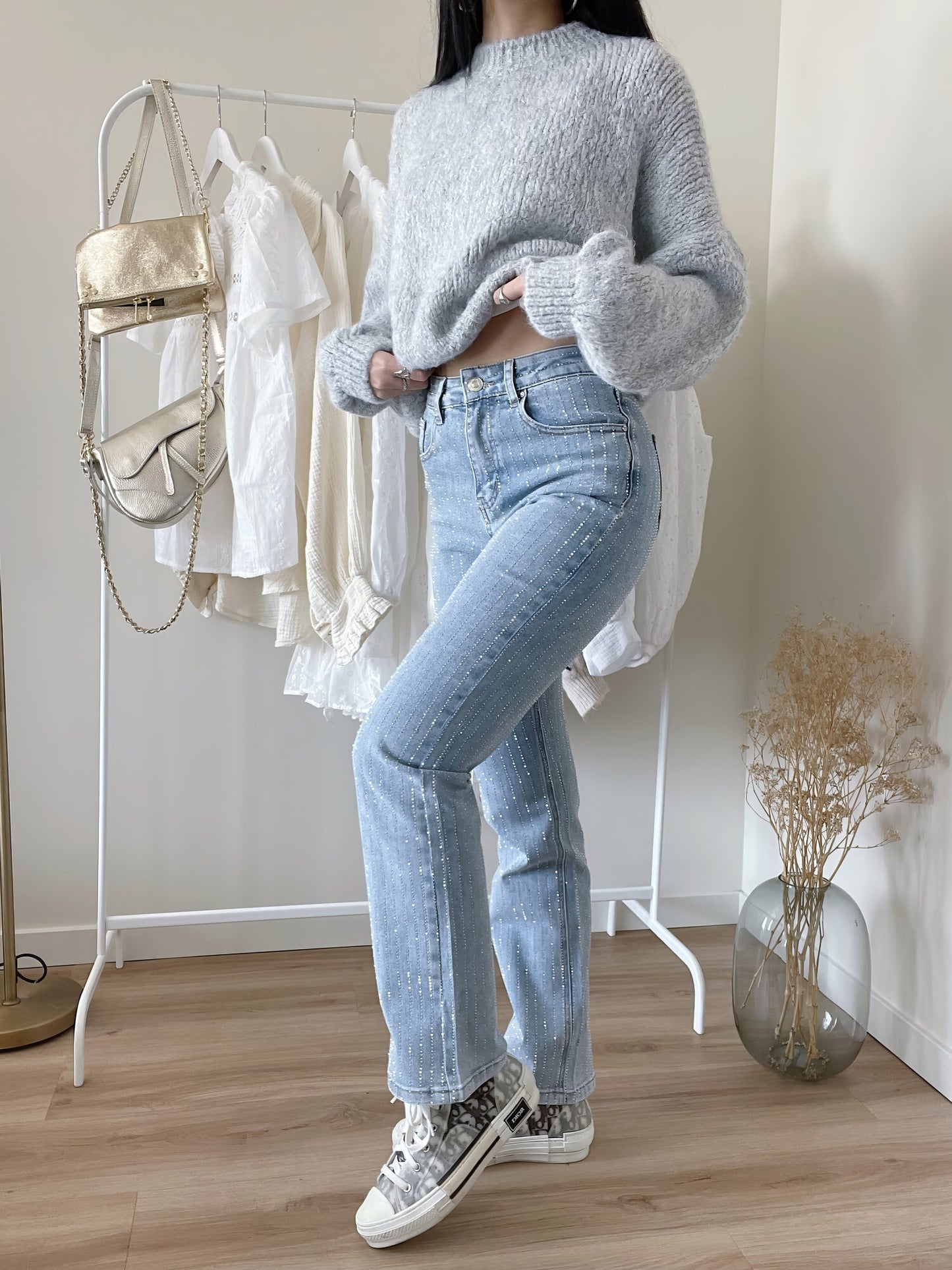 Glitter Jeans - Women's High Waisted Light Blue Straight Leg Jeans-Fashion Nora